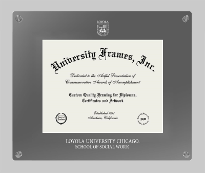 Loyola University Chicago School of Social Work Lucent Clear-over-Smoke Frame in Lucent Smoke Moulding with Lucent Smoke Mat for DOCUMENT: 8 1/2"H X 11"W  