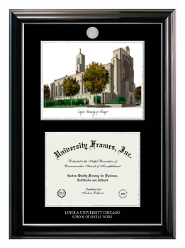 Loyola University Chicago School of Social Work Double Opening with Campus Image (Stacked) Frame in Classic Ebony with Silver Trim with Black & Silver Mats for DOCUMENT: 8 1/2"H X 11"W  