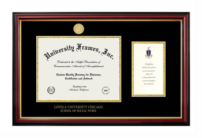 Loyola University Chicago School of Social Work Diploma with Announcement Frame in Petite Mahogany with Gold Trim with Black & Gold Mats for DOCUMENT: 8 1/2"H X 11"W  ,  7"H X 4"W  