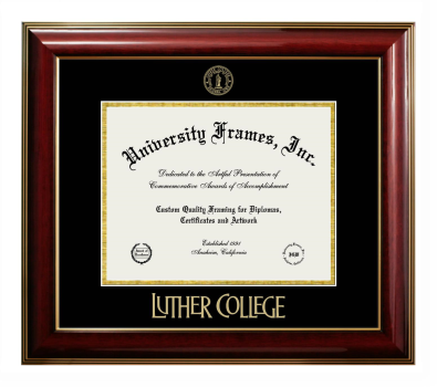 Luther College Diploma Frame in Classic Mahogany with Gold Trim with Black & Gold Mats for DOCUMENT: 8 1/2"H X 11"W  