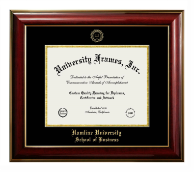 Hamline University School of Business Diploma Frame in Classic Mahogany with Gold Trim with Black & Gold Mats for DOCUMENT: 8 1/2"H X 11"W  