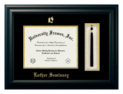 Luther Seminary Diploma with Tassel Box Frame in Satin Black with Black & Gold Mats for document: 8 1/2"h x 11"w  