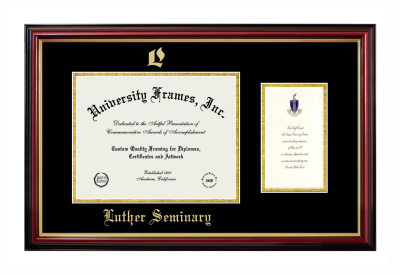 Luther Seminary Diploma with Announcement Frame in Petite Mahogany with Gold Trim with Black & Gold Mats for document: 8 1/2"h x 11"w  , diploma: 7"h x 4"w  