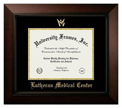 Lutheran Medical Center Diploma Frame in Legacy Black Cherry with Black & Gold Mats for DOCUMENT: 8 1/2"H X 11"W  