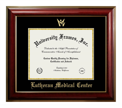 Lutheran Medical Center Diploma Frame in Classic Mahogany with Gold Trim with Black & Gold Mats for DOCUMENT: 8 1/2"H X 11"W  