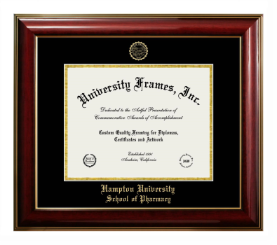 Hampton University School of Pharmacy Diploma Frame in Classic Mahogany with Gold Trim with Black & Gold Mats for DOCUMENT: 8 1/2"H X 11"W  