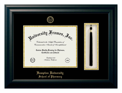 Hampton University School of Pharmacy Diploma with Tassel Box Frame in Satin Black with Black & Gold Mats for DOCUMENT: 8 1/2"H X 11"W  