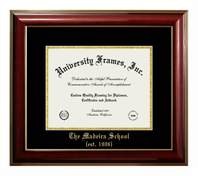 Madeira School (est. 1906) Diploma Frame in Classic Mahogany with Gold Trim with Black & Gold Mats for DOCUMENT: 8 1/2"H X 11"W  
