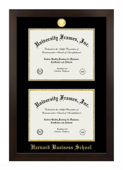 Harvard Business School Double Degree (Stacked) Frame in Manhattan Espresso with Black & Gold Mats for document: 8 1/2"h x 11"w  , document: 8 1/2"h x 11"w  