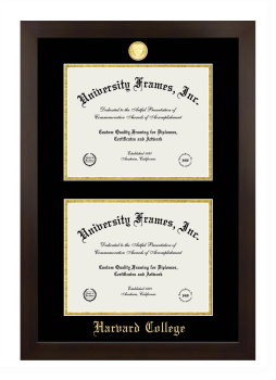 Harvard College Double Degree (Stacked) Frame in Manhattan Espresso with Black & Gold Mats for document: 8 1/2"h x 11"w  , document: 8 1/2"h x 11"w  