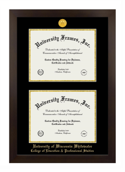 University of Wisconsin - Whitewater College of Education & Professional Studies Double Degree (Stacked) Frame in Manhattan Espresso with Black & Gold Mats for document: 8 1/2"h x 11"w  , document: 8 1/2"h x 11"w  