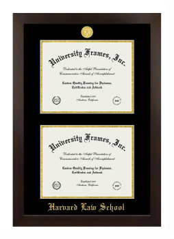 Harvard Law School Double Degree (Stacked) Frame in Manhattan Espresso with Black & Gold Mats for DOCUMENT: 8 1/2"H X 11"W  , DOCUMENT: 8 1/2"H X 11"W  