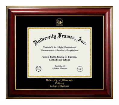 University of Wisconsin Oshkosh College of Business Diploma Frame in Classic Mahogany with Gold Trim with Black & Gold Mats for DOCUMENT: 8 1/2"H X 11"W  