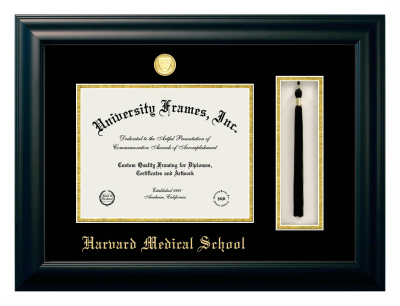 Harvard Medical School Diploma with Tassel Box Frame in Satin Black with Black & Gold Mats for DOCUMENT: 8 1/2"H X 11"W  