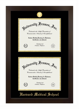 Harvard Medical School Double Degree (Stacked) Frame in Manhattan Espresso with Black & Gold Mats for DOCUMENT: 8 1/2"H X 11"W  , DOCUMENT: 8 1/2"H X 11"W  