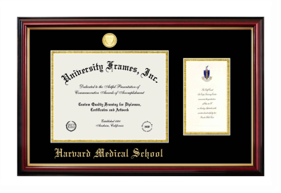 Harvard Medical School Diploma with Announcement Frame in Petite Mahogany with Gold Trim with Black & Gold Mats for DOCUMENT: 8 1/2"H X 11"W  ,  7"H X 4"W  