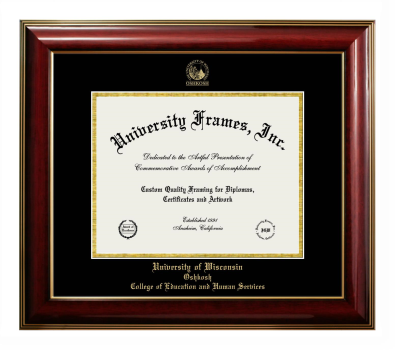 University of Wisconsin Oshkosh College of Education and Human Services Diploma Frame in Classic Mahogany with Gold Trim with Black & Gold Mats for DOCUMENT: 8 1/2"H X 11"W  