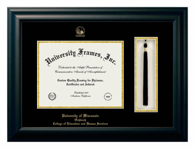 University of Wisconsin Oshkosh College of Education and Human Services Diploma with Tassel Box Frame in Satin Black with Black & Gold Mats for DOCUMENT: 8 1/2"H X 11"W  