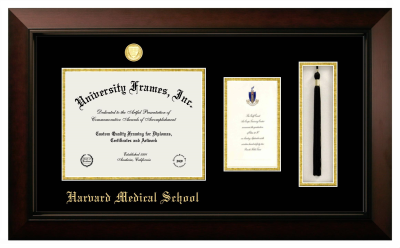 Harvard Medical School Diploma with Announcement & Tassel Box Frame in Legacy Black Cherry with Black & Gold Mats for DOCUMENT: 8 1/2"H X 11"W  ,  7"H X 4"W  