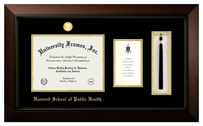 Harvard School of Public Health Diploma with Announcement & Tassel Box Frame in Legacy Black Cherry with Black & Gold Mats for document: 8 1/2"h x 11"w  , diploma: 7"h x 4"w  