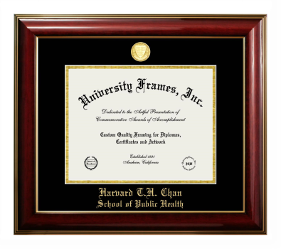 Harvard T.H. Chan School of Public Health Diploma Frame in Classic Mahogany with Gold Trim with Black & Gold Mats for DOCUMENT: 8 1/2"H X 11"W  