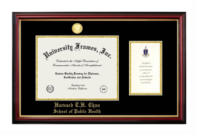 Harvard T.H. Chan School of Public Health Diploma with Announcement Frame in Petite Mahogany with Gold Trim with Black & Gold Mats for document: 8 1/2"h x 11"w  , diploma: 7"h x 4"w  