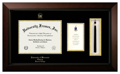 University of Wisconsin Oshkosh Honors College Diploma with Announcement & Tassel Box Frame in Legacy Black Cherry with Black & Gold Mats for document: 8 1/2"h x 11"w  , diploma: 7"h x 4"w  