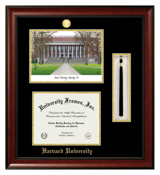 Harvard University Double Opening with Campus Image & Tassel Box (Stacked) Frame in Avalon Mahogany with Black & Gold Mats for DOCUMENT: 8 1/2"H X 11"W  