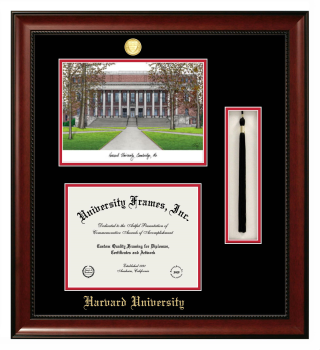 Harvard University Double Opening with Campus Image & Tassel Box (Stacked) Frame in Avalon Mahogany with Black & Red Mats for DOCUMENT: 8 1/2"H X 11"W  