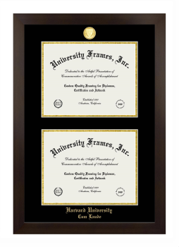 Harvard University Cum Laude Double Degree (Stacked) Frame in Manhattan Espresso with Black & Gold Mats for document: 8 1/2"h x 11"w  , document: 8 1/2"h x 11"w  