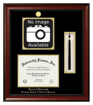 Harvard University Graduate School of Arts and Sciences Double Opening with Campus Image & Tassel Box (Stacked) Frame in Avalon Mahogany with Black & Gold Mats for document: 8 1/2"h x 11"w  