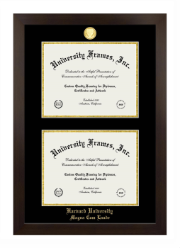 Harvard University Magna Cum Laude Double Degree (Stacked) Frame in Manhattan Espresso with Black & Gold Mats for document: 8 1/2"h x 11"w  , document: 8 1/2"h x 11"w  