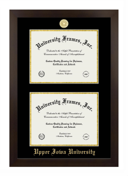 Upper Iowa University Double Degree (Stacked) Frame in Manhattan Espresso with Black & Gold Mats for document: 8 1/2"h x 11"w  , document: 8 1/2"h x 11"w  