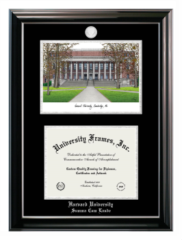 Harvard University Summa Cum Laude Double Opening with Campus Image (Stacked) Frame in Classic Ebony with Silver Trim with Black & Silver Mats for document: 8 1/2"h x 11"w  