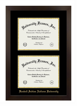Haskell Indian Nations University Double Degree (Stacked) Frame in Manhattan Espresso with Black & Gold Mats for document: 8 1/2"h x 11"w  , document: 8 1/2"h x 11"w  