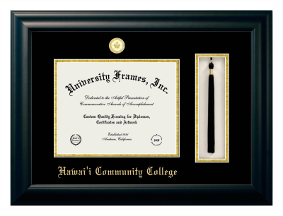 Hawai'i Community College Diploma with Tassel Box Frame in Satin Black with Black & Gold Mats for document: 8 1/2"h x 11"w  