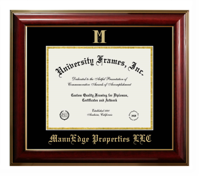 MannEdge Properties LLC Diploma Frame in Classic Mahogany with Gold Trim with Black & Gold Mats for document: 8 1/2"h x 11"w  