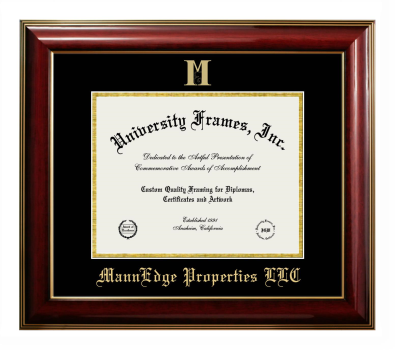 MannEdge Properties LLC Diploma Frame in Classic Mahogany with Gold Trim with Black & Gold Mats for DOCUMENT: 8 1/2"H X 11"W  