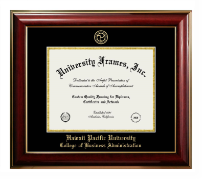 Hawai'i Pacific University College of Business Administration Diploma Frame in Classic Mahogany with Gold Trim with Black & Gold Mats for document: 8 1/2"h x 11"w  