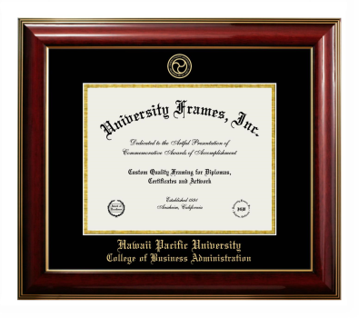Hawai'i Pacific University College of Business Administration Diploma Frame in Classic Mahogany with Gold Trim with Black & Gold Mats for DOCUMENT: 8 1/2"H X 11"W  