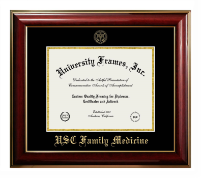 USC Family Medicine Diploma Frame in Classic Mahogany with Gold Trim with Black & Gold Mats for DOCUMENT: 8 1/2"H X 11"W  