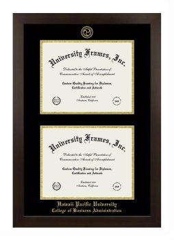Hawai'i Pacific University College of Business Administration Double Degree (Stacked) Frame in Manhattan Espresso with Black & Gold Mats for document: 8 1/2"h x 11"w  , document: 8 1/2"h x 11"w  