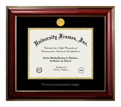 Utah College of Massage Therapy Diploma Frame in Classic Mahogany with Gold Trim with Black & Gold Mats for document: 8 1/2"h x 11"w  