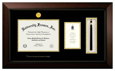 Utah College of Massage Therapy Diploma with Announcement & Tassel Box Frame in Legacy Black Cherry with Black & Gold Mats for document: 8 1/2"h x 11"w  , diploma: 7"h x 4"w  