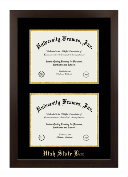 Utah State Bar Double Degree (Stacked) Frame in Manhattan Espresso with Black & Gold Mats for document: 8 1/2"h x 11"w  , document: 8 1/2"h x 11"w  