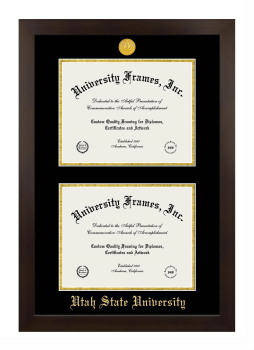 Utah State University Double Degree (Stacked) Frame in Manhattan Espresso with Black & Gold Mats for document: 8 1/2"h x 11"w  , document: 8 1/2"h x 11"w  