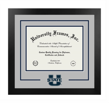 Utah State University College of Engineering Logo Mat Frame in Manhattan Black with Gray & Navy Blue Mats for document: 8 1/2"h x 11"w  