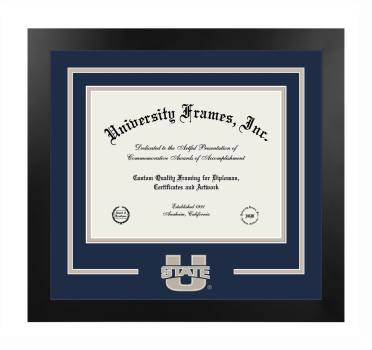 Utah State University College of Science Logo Mat Frame in Manhattan Black with Navy Blue & Pearl Mats for document: 8 1/2"h x 11"w  