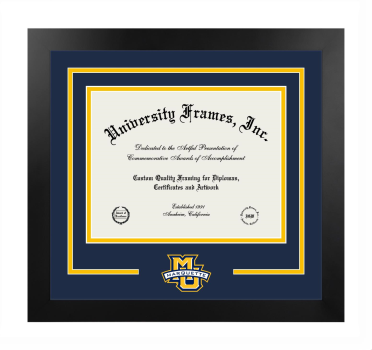 Marquette University Logo Mat Frame in Manhattan Black with Navy Blue & Amber Mats for DOCUMENT: 8 1/2"H X 11"W  