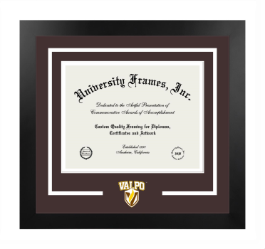 Valparaiso University Logo Mat Frame in Manhattan Black with Brown & White Mats for document: 8 1/2"h x 11"w  